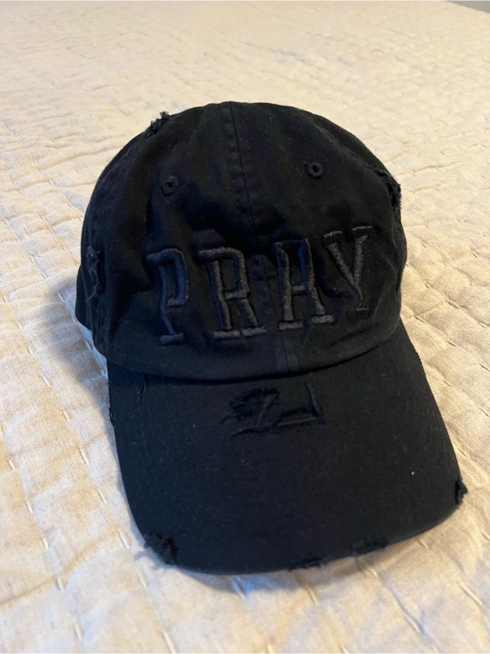 Embroidered 'PRAY' Distressed Black Baseball Cap